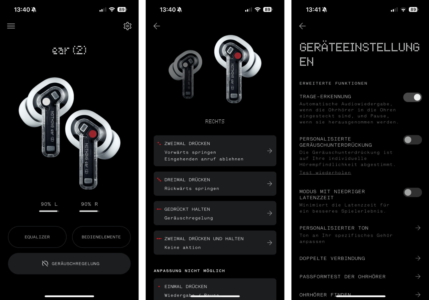 Drei Screenshots der Nothing X-App zur Verwaltung der Nothing Ear 2