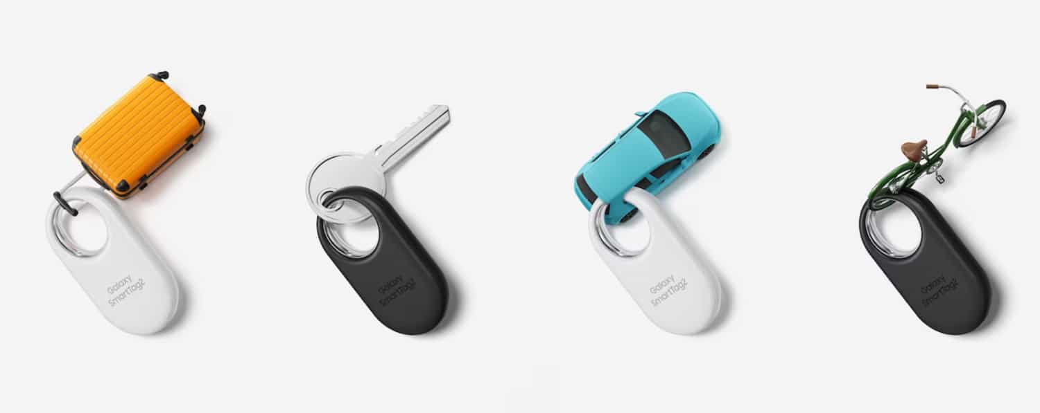 Vier Samsung Galaxy SmartTag2 an Gegenstände angebracht