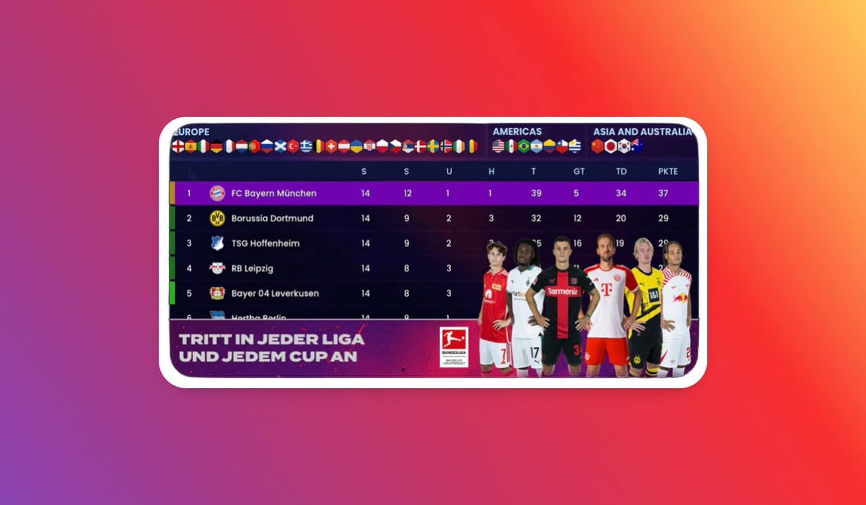 Screenshot aus Soccer Manager 2024 vor Farbverlauf im Hintergrund