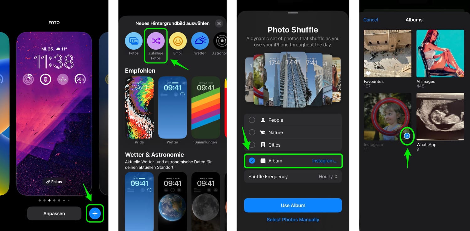 Quattro screenshot di un iPhone che configura gli album fotografici della schermata di blocco su iOS 17.1