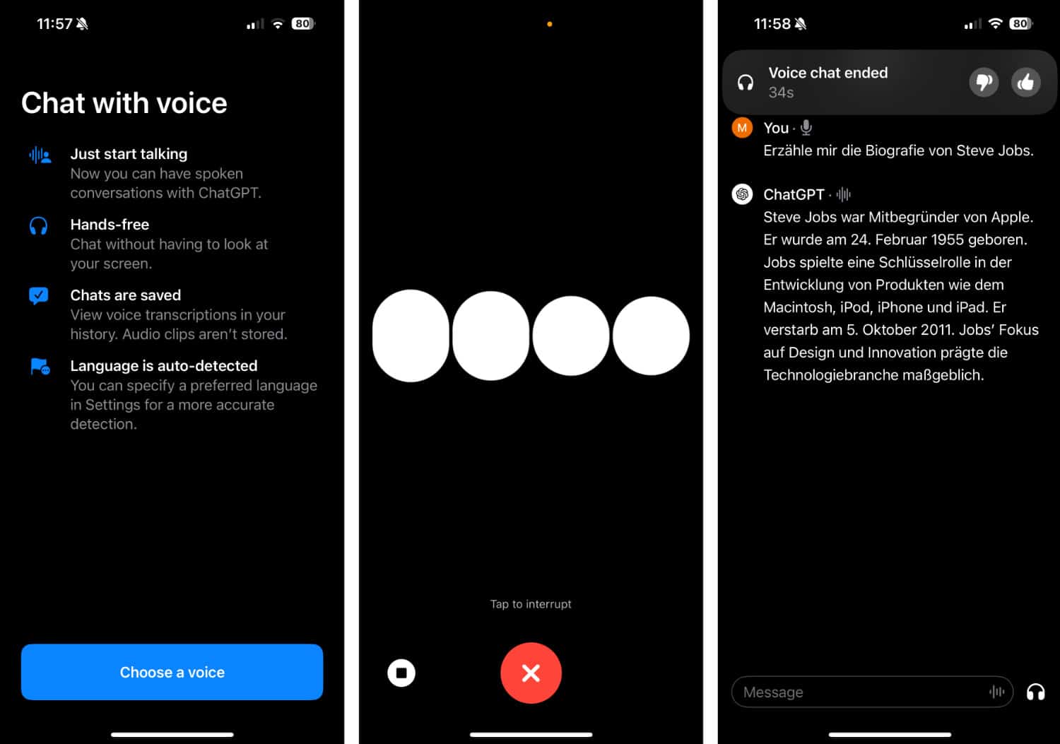 Drei iPhone-Screenshots vom Sprachchat in ChatGPT