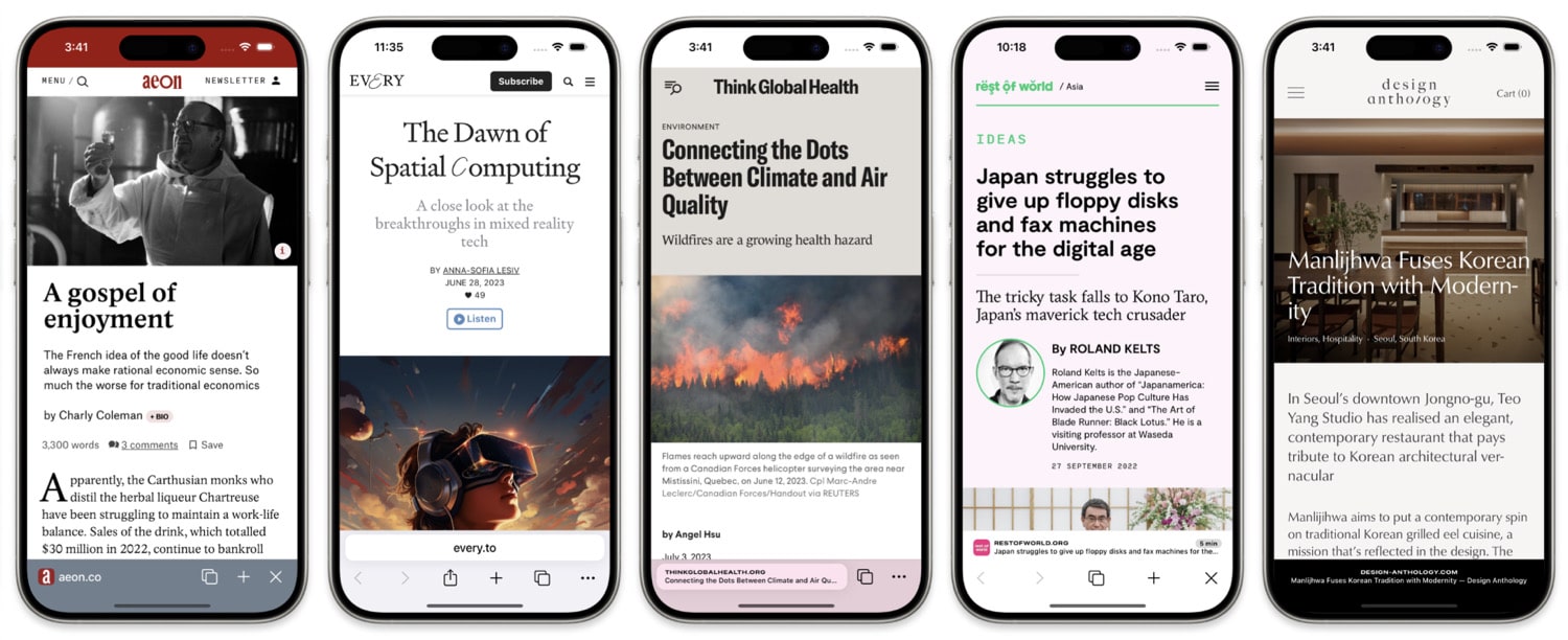Fünf Screenshots des Quiche Browsers auf iPhones