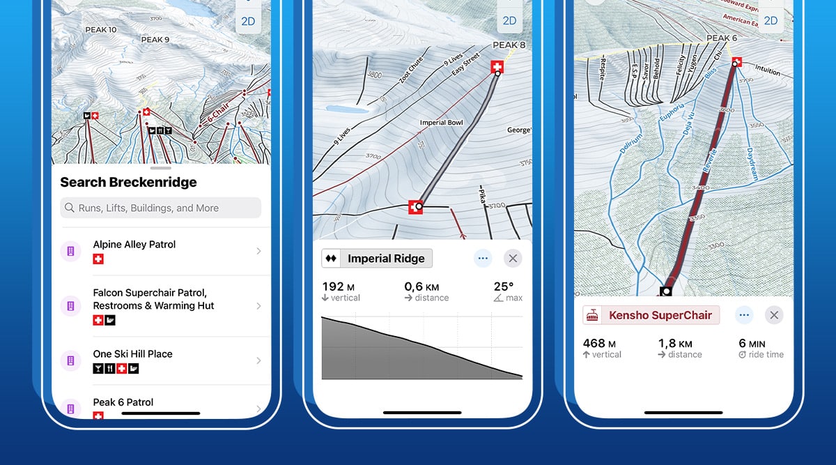 Drei iPhone-Screenshots der Suchfunktion für interaktive Karten in Slopes