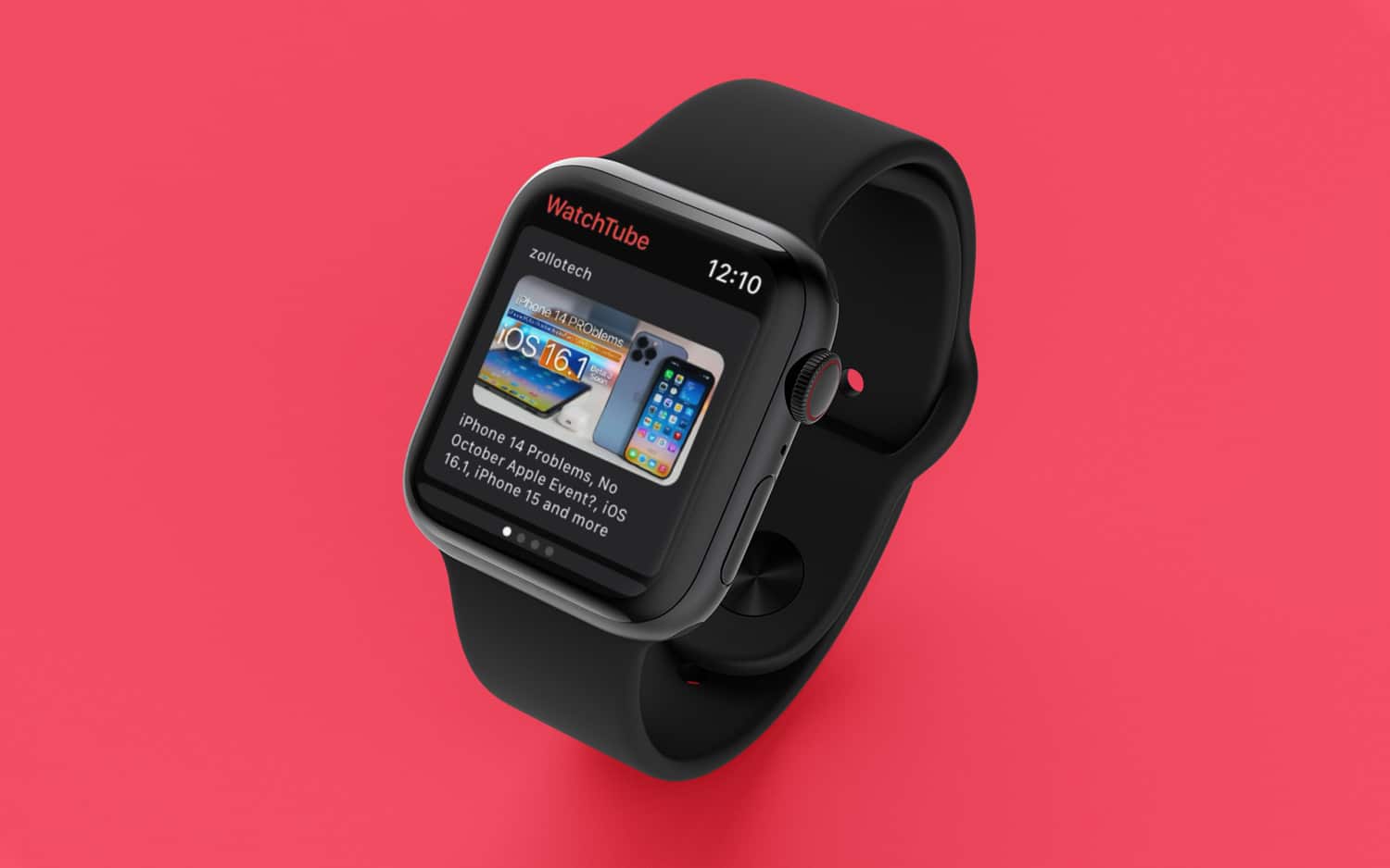 WatchTube auf einer Apple Watch vor rotem Hintergrund