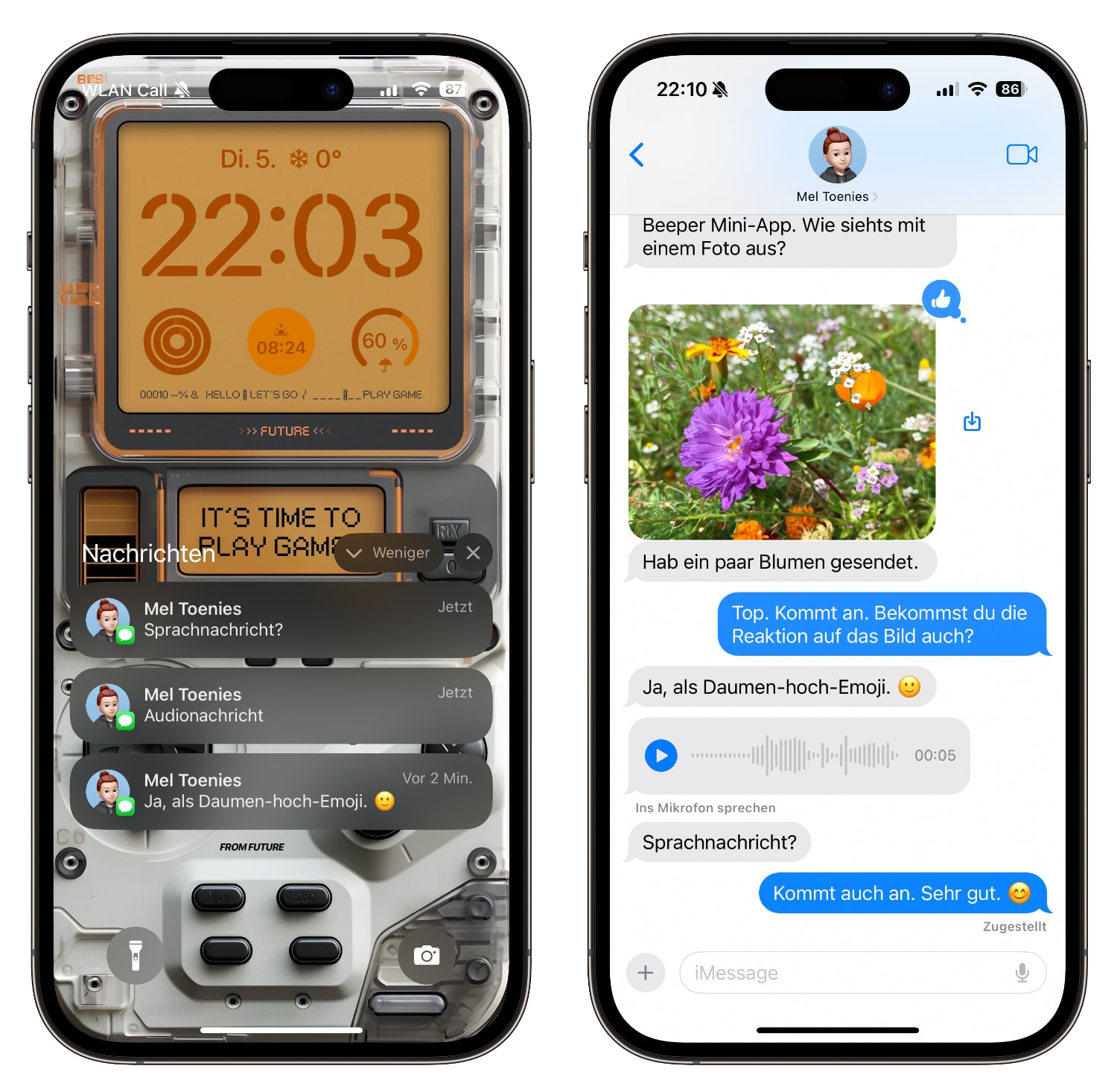 Eingehende Beeper Mini-Nachrichten auf dem Sperrbildschirm und in iMessage auf einem iPhone