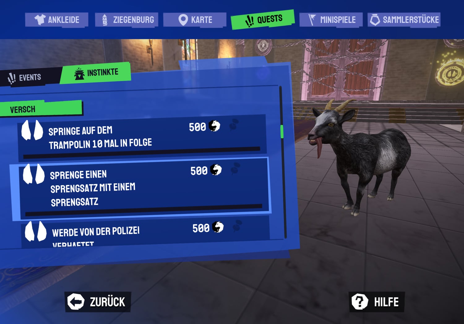 Quest- und Instinkt-Menü in Goat Simulator 3