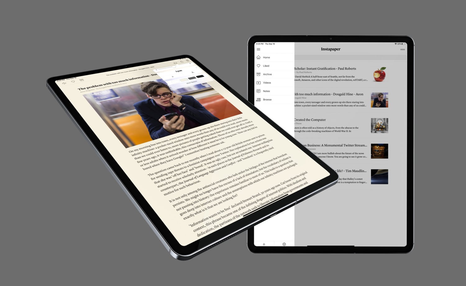 Zwei iPad-Mockups von Instapaper