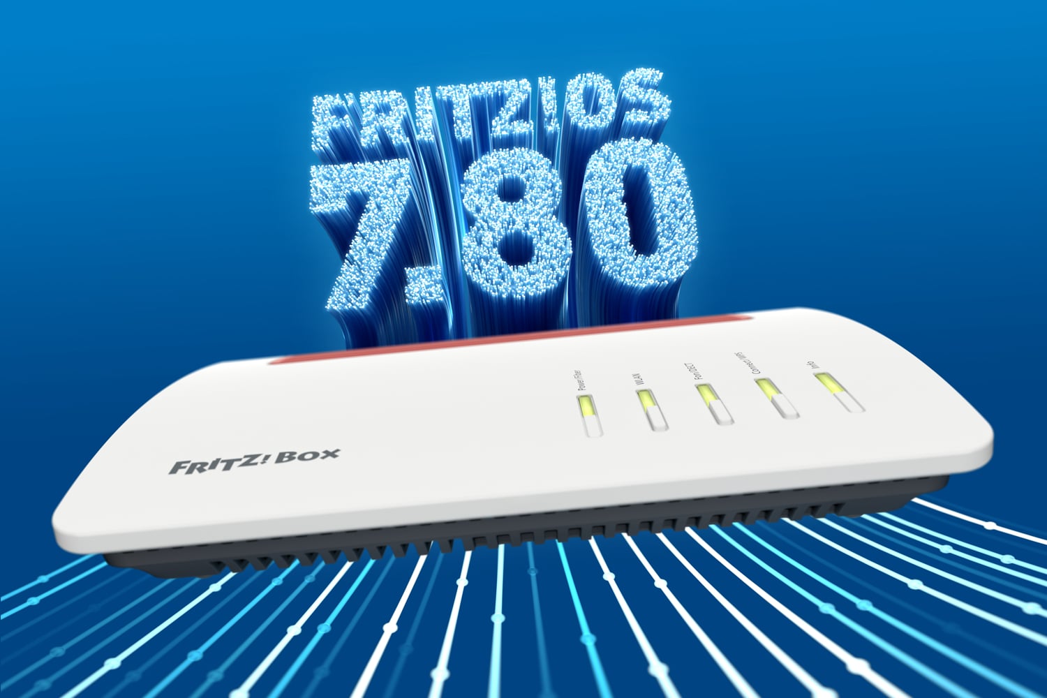 Banner zu FRITZ!OS 7.80 mit Router und Glasfaserkabel vor blauem Hintergrund