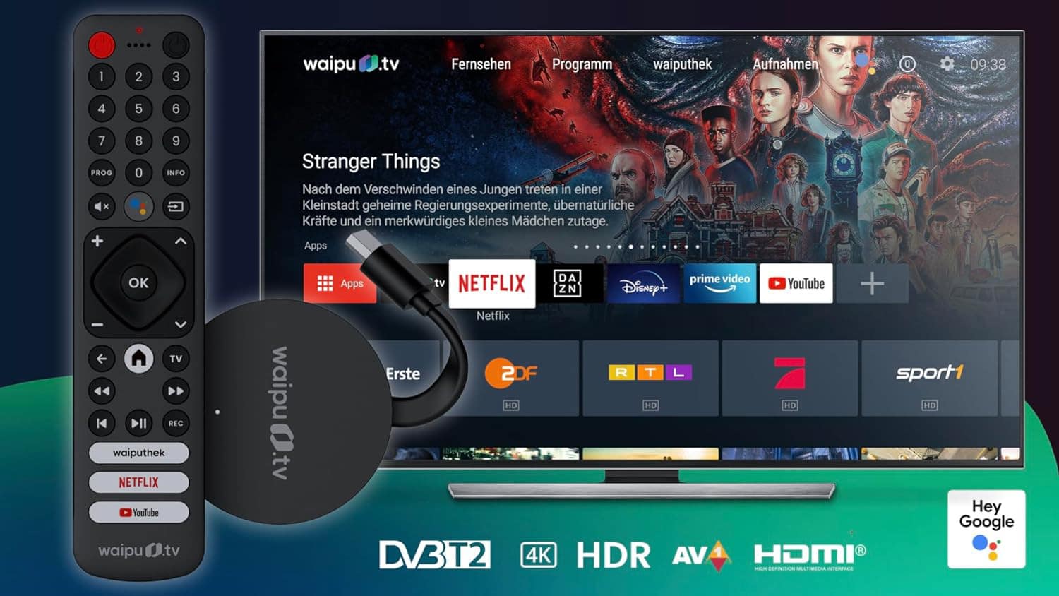 waipu.tv Hybrid TV Stick mit Fernseher und Angebotsauswahl