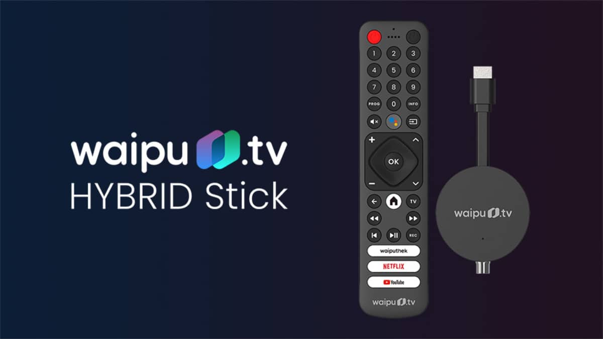waipu.tv Hybrid TV Stick mit Fernbedienung und Produktschriftzug
