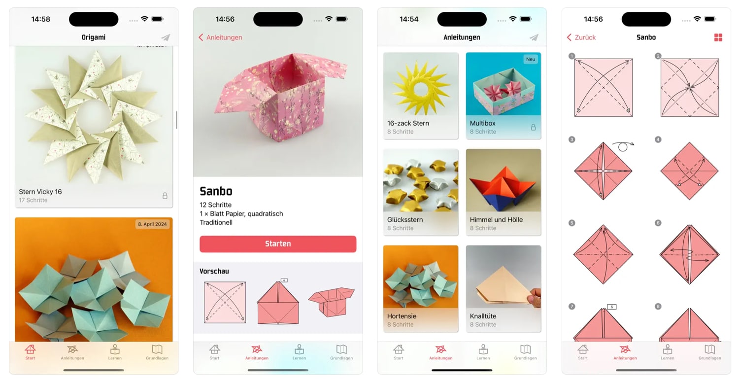 Vier Screenshots der Origami-App auf dem iPhone