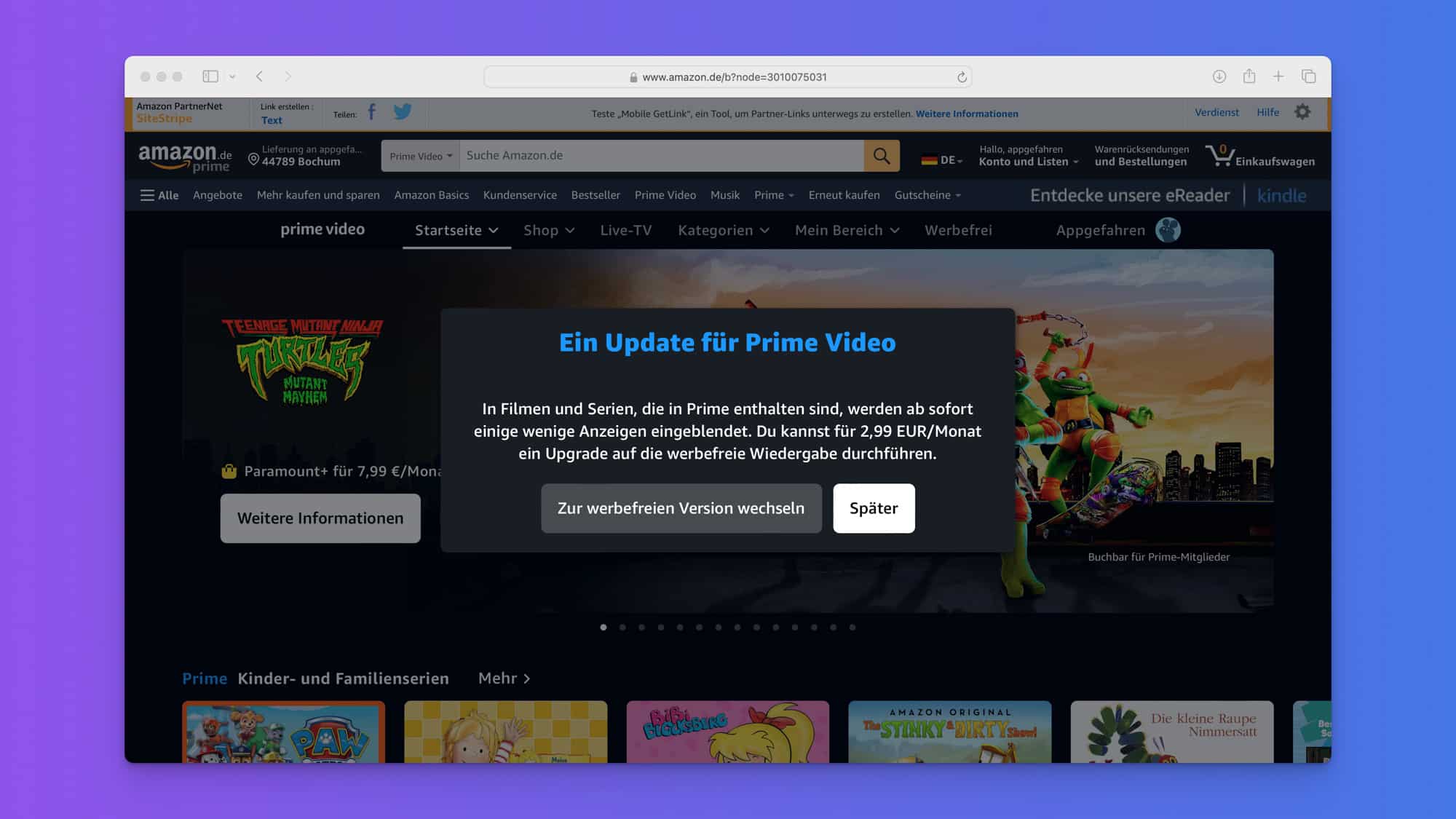 Amazon Prime Video weist auf Werbung im Popup-Fenster hin