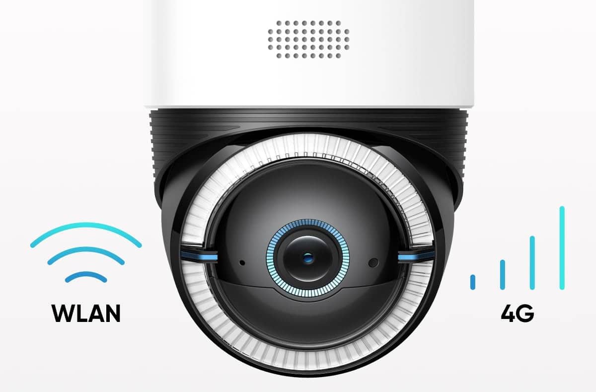 eufy S330 4G Sicherheitskamera-Frontansicht mit WLAN- und 4G-Symbol