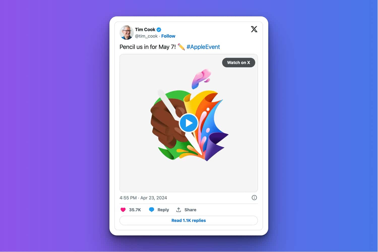 Tweet von Tim Cook mit Hinweis zum Apple Pencil 3