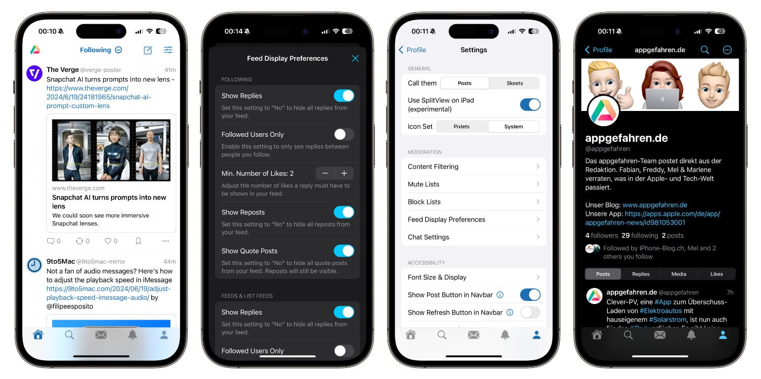 Vier iPhone-Screenshots von Skeets for Bluesky