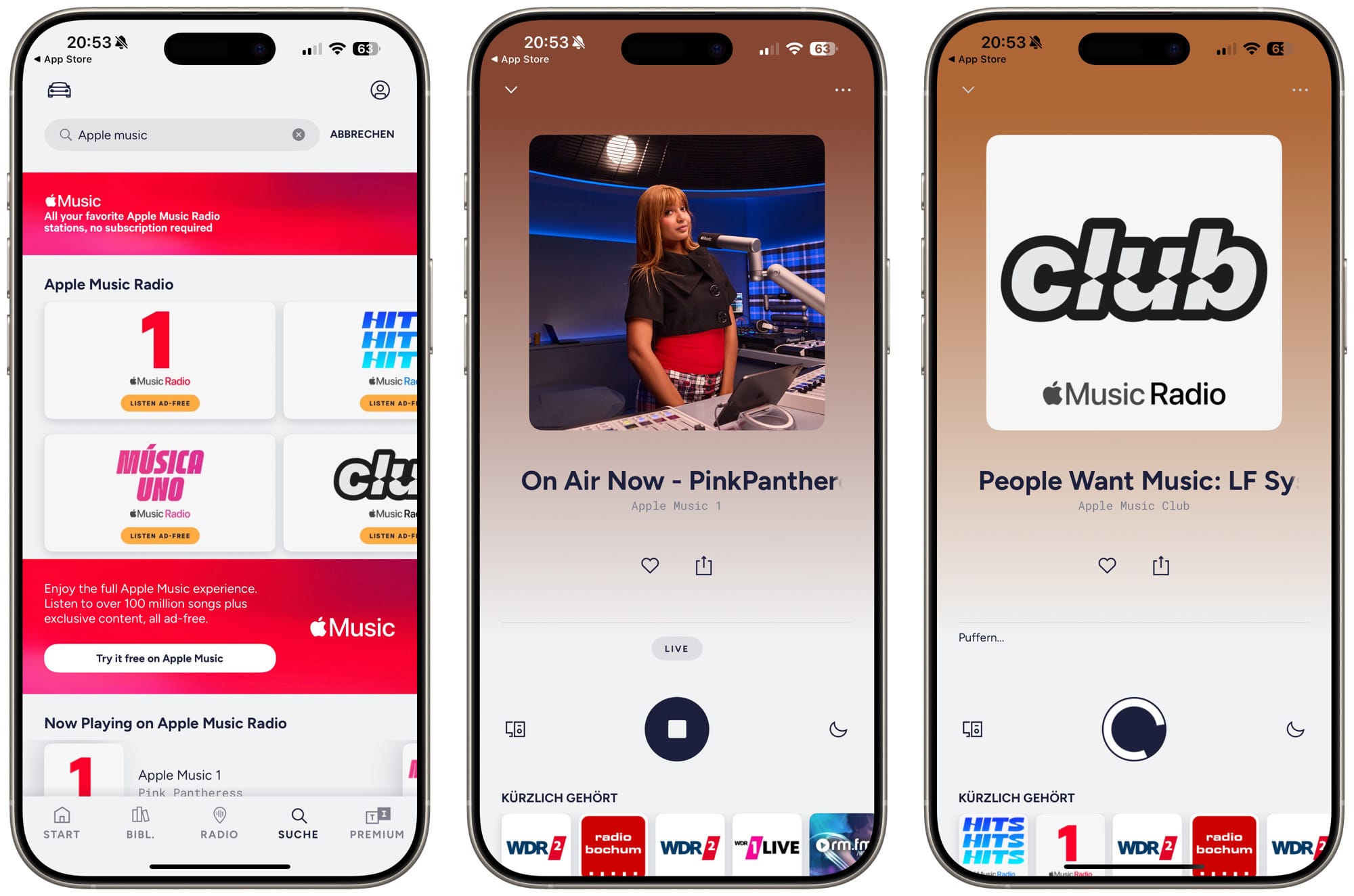 Screenshots zeigen Apple Music Radio auf TuneIn.