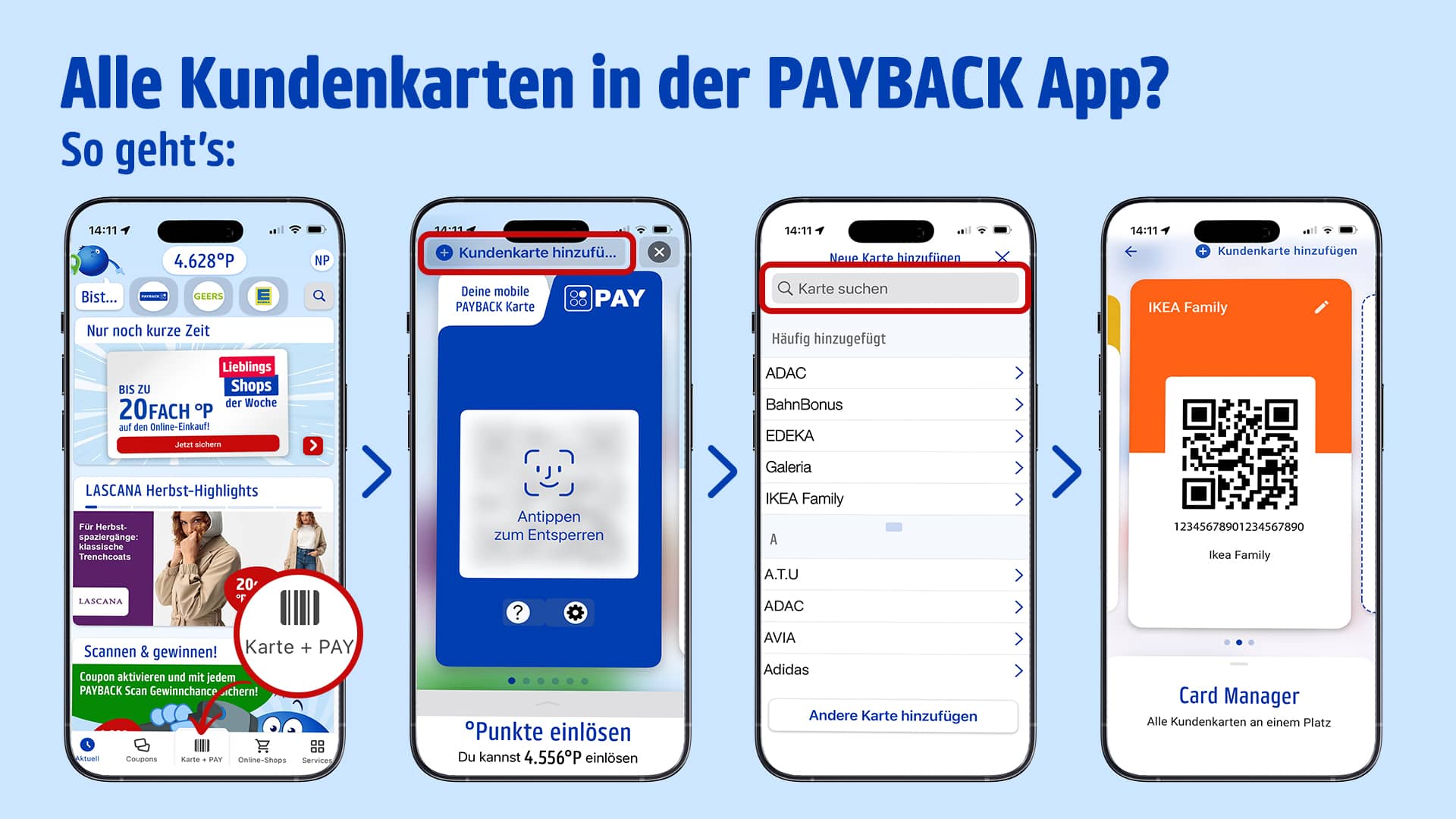 Screenshots zeigen, wie man Kundenkarten im Payback Wallet hinzufügt.