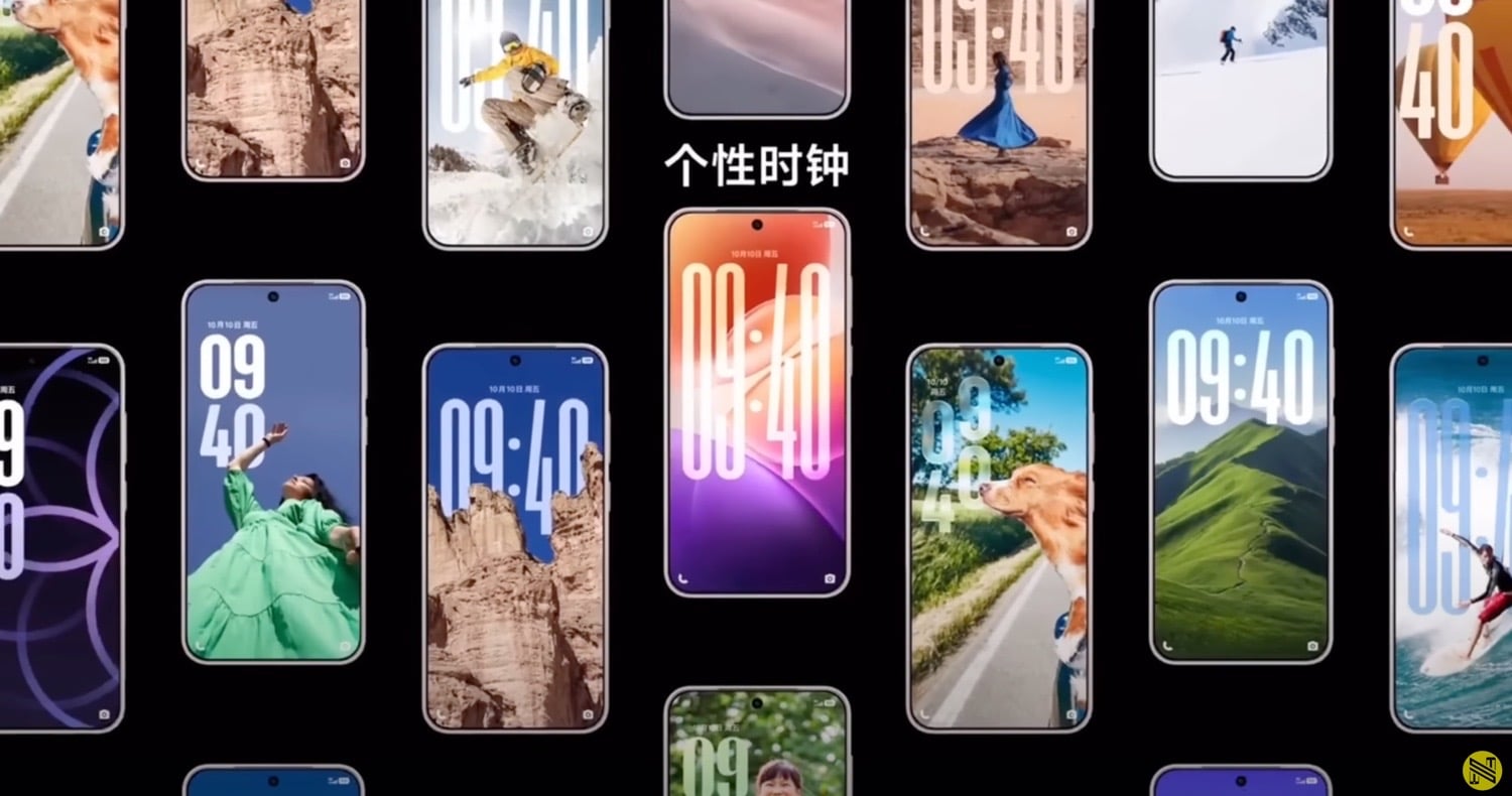 Verschiedene Ansichten von OriginOS 6 vor schwarzem Hintergrund