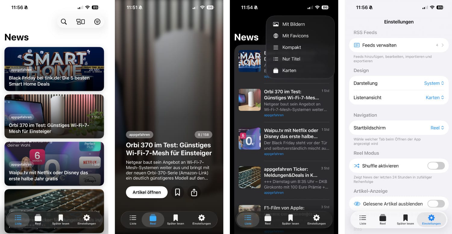 Vier iPhone-Screenshots von Reel News