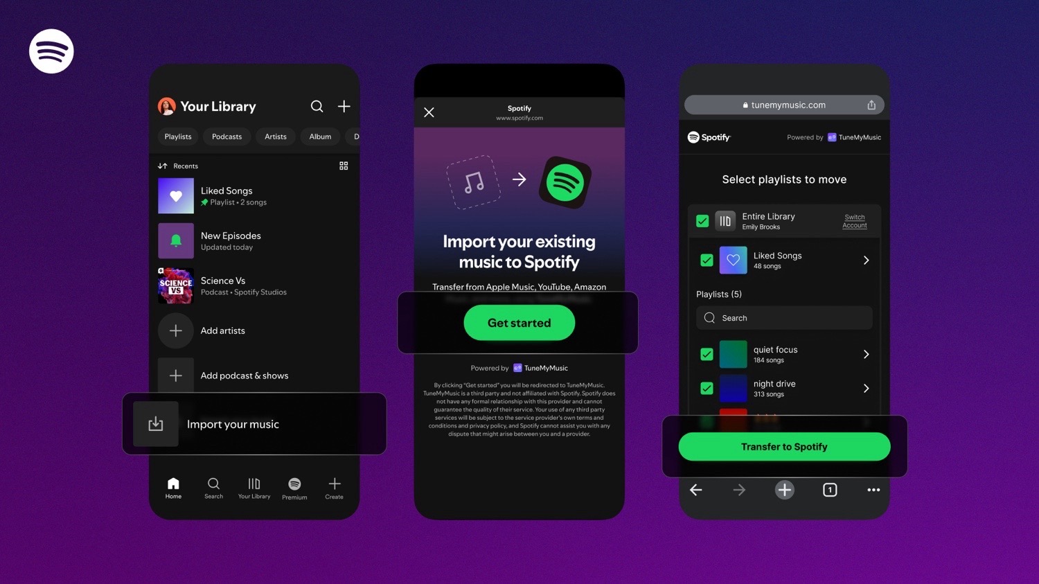 Drei Screenshots von Spotify zum Playlist-Transfer