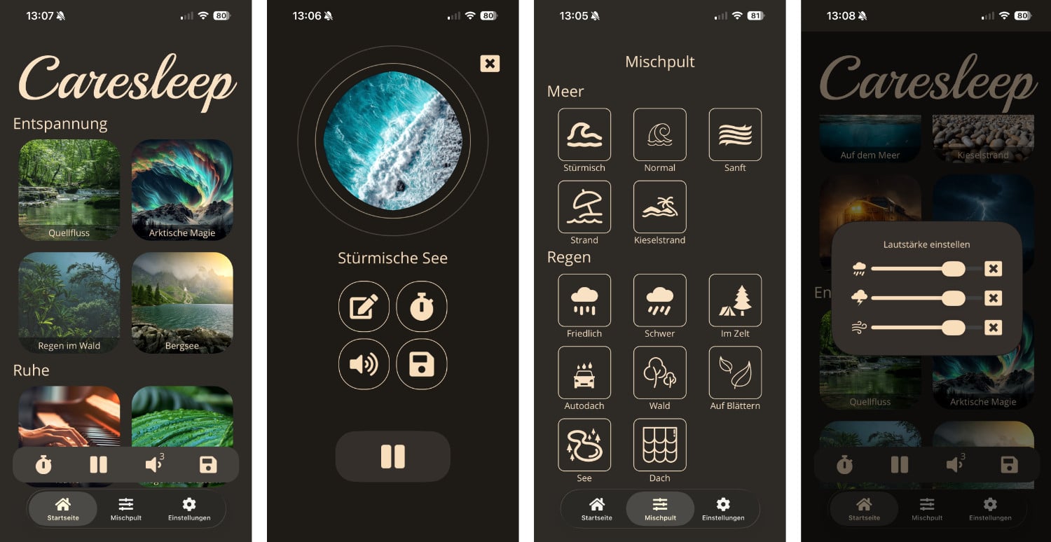 Vier iPhone-Screenshots von CareSleep
