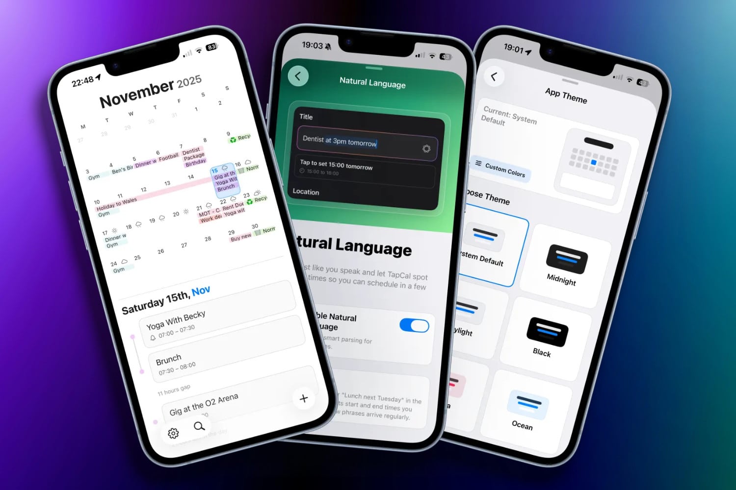 Drei iPhone-Screenshots von TapCal vor dunklem Farbverlauf