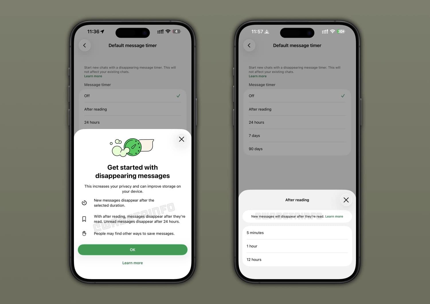 Zwei WhatsApp-Screenshots mit selbstlöschenden Nachrichten