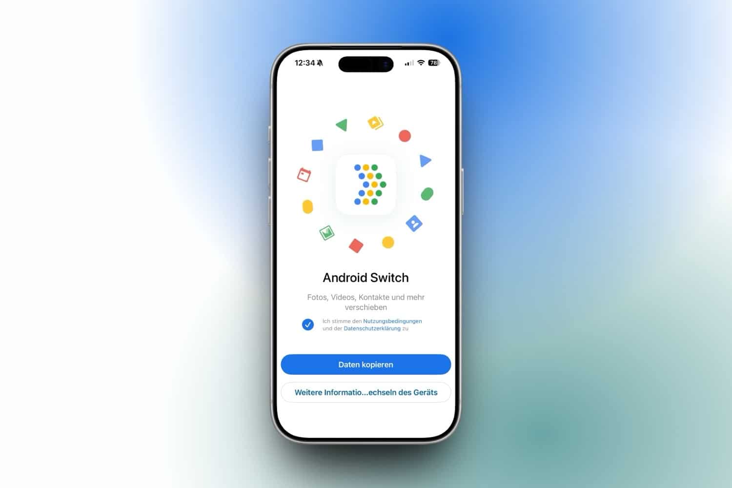 Startbildschirm der Android Switch-App auf einem iPhone