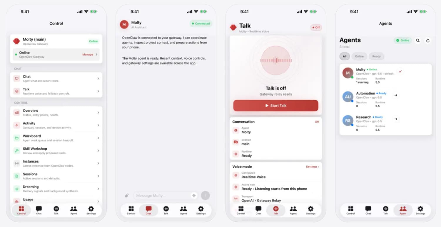 Vier iPhone-Screenshots von OpenClaw