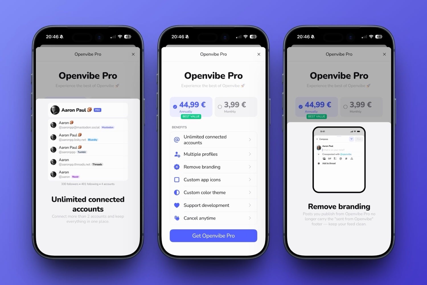 Drei iPhone-Screenshots mit Infos zu OpenVibe Pro