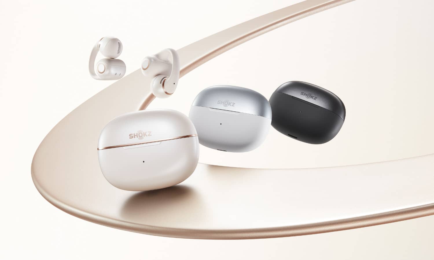 Farbauswahl der Shokz OpenDots 2 in Weiß, Silber und Schwarz