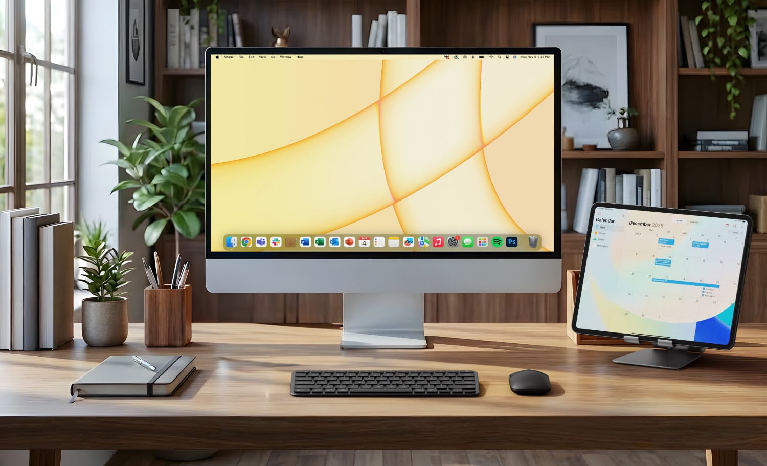 Schreibtisch mit iMac und einer schwarzen Satechi Slim EX1-Tastatur davor