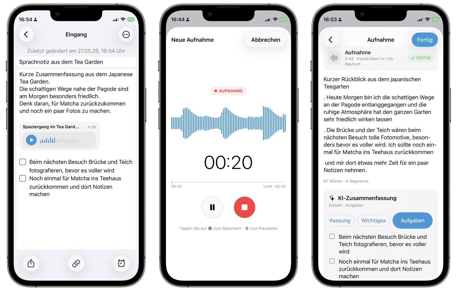 Drei iPhone-Screenshots von SnipNotes zeigen die neue Sprachaufnahmen-Funktion