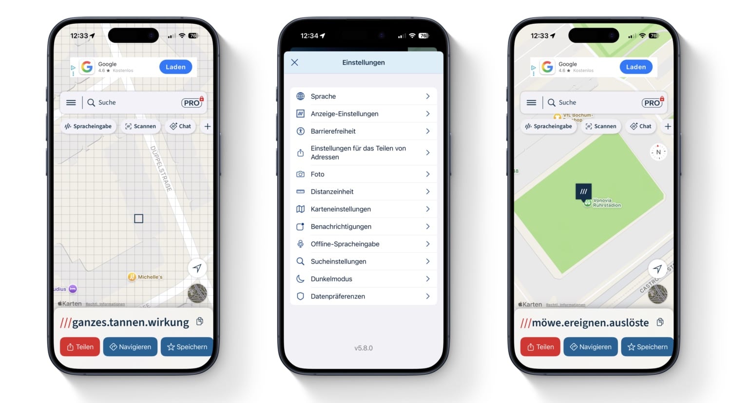 Screenshots der App What3Words