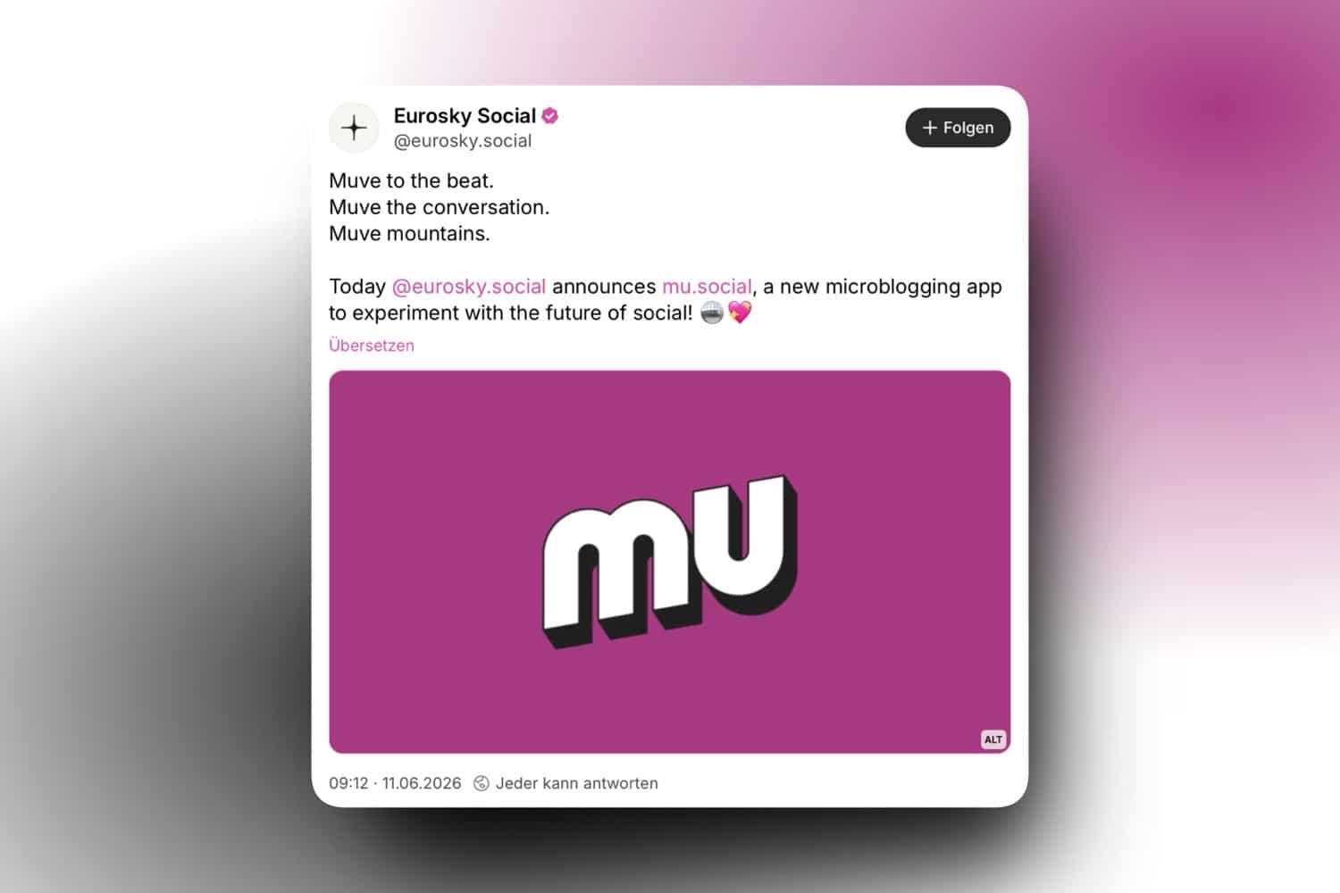 Post bei Bluesky zur Veröffentlichung der mu.social-App
