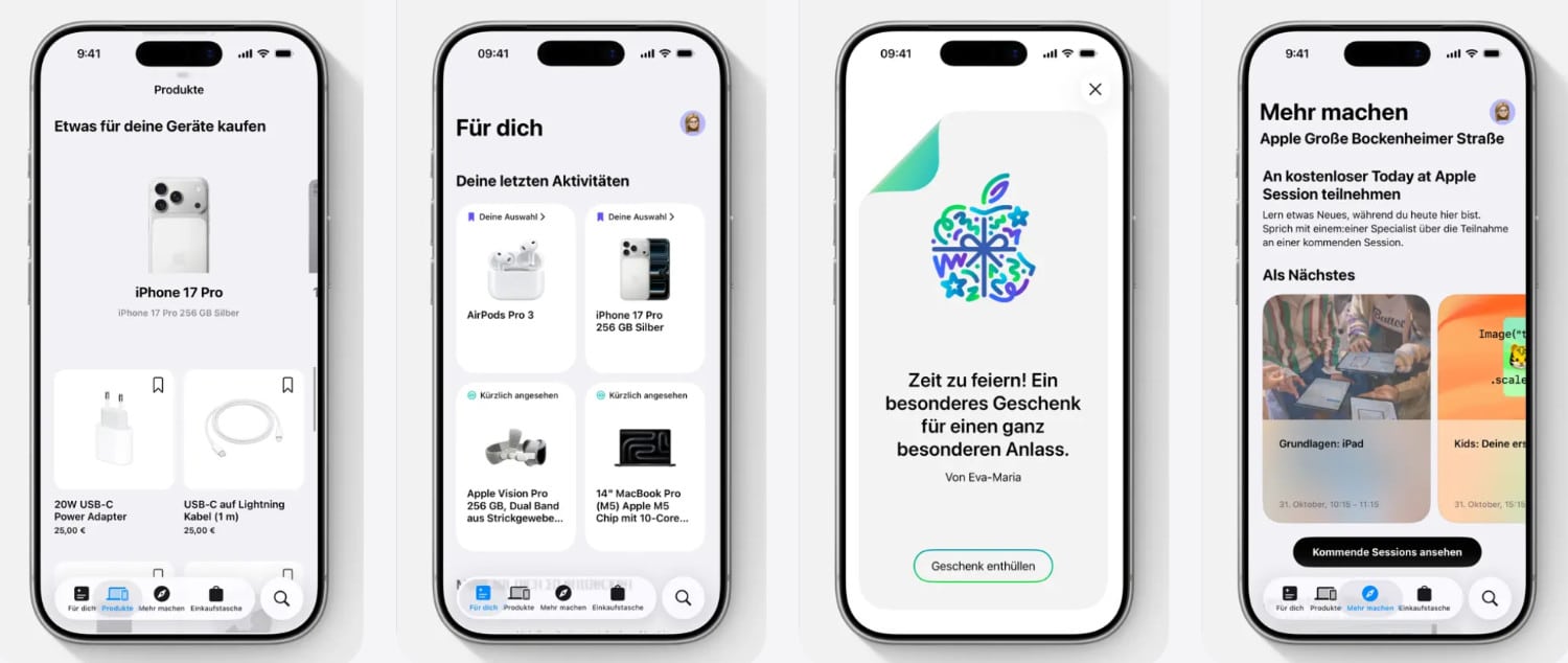 Vier iPhone-Screenshots der Apple Store-App