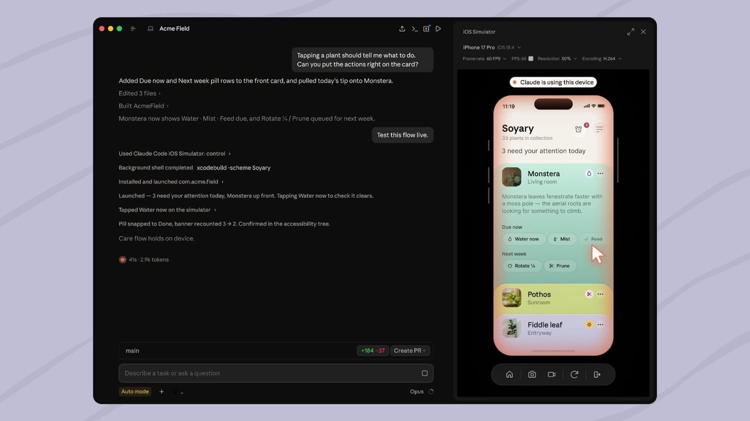 Claude Code führt den iOS Simulator auf einem Mac aus.