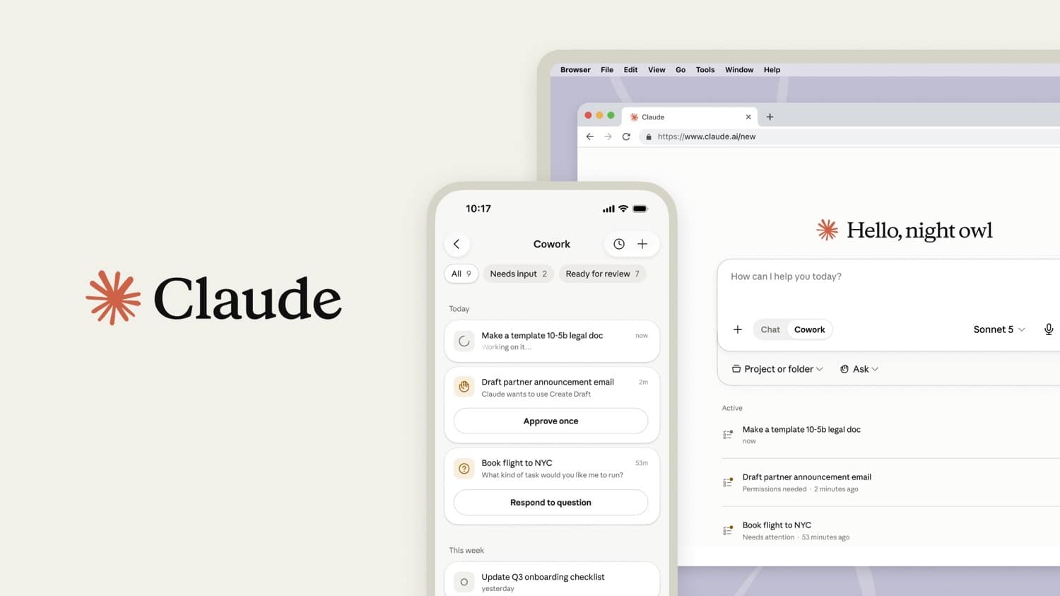 Banner von Claude Cowork mit mobiler und Webversion