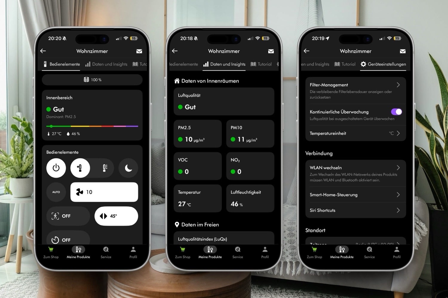Drei iPhone-Screenshots der MyDyson-App