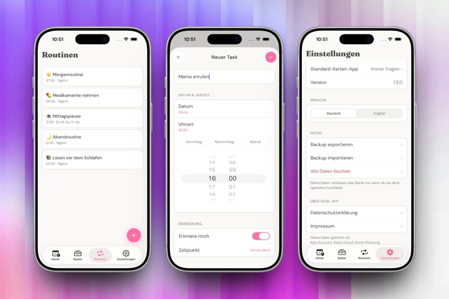 Drei iPhone-Screenshots vom Heute Tagesplaner