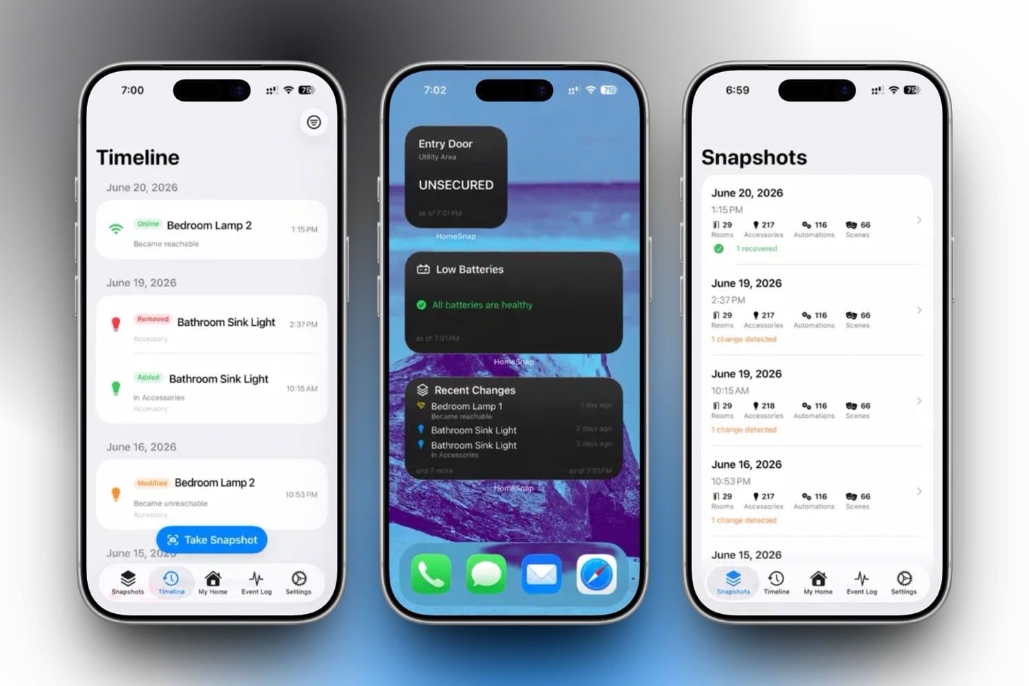 Drei iPhone-Screenshots von HomeSnap