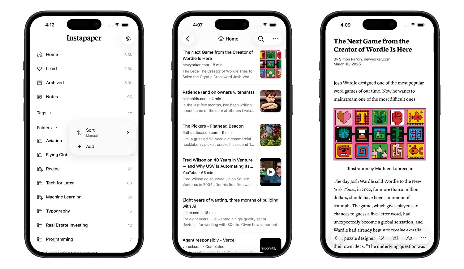 Drei iPhone-Screenshots von Instapaper 10