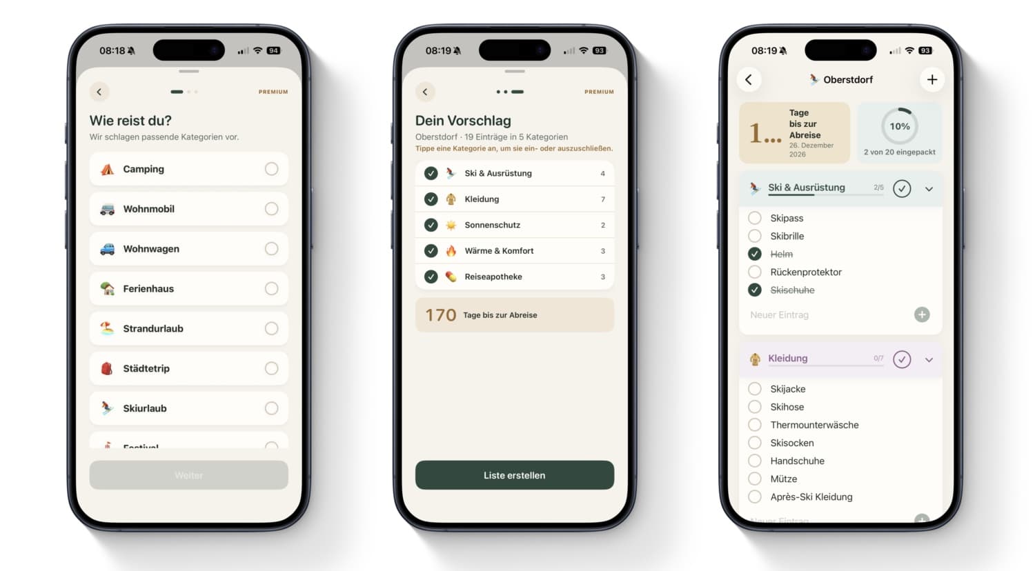 Screenshots der App Packliste