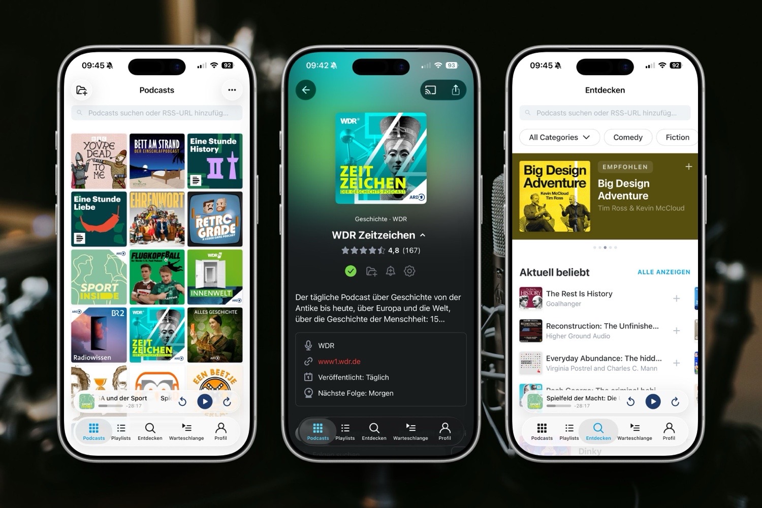 Drei iPhone-Screenshots von Pocket Casts