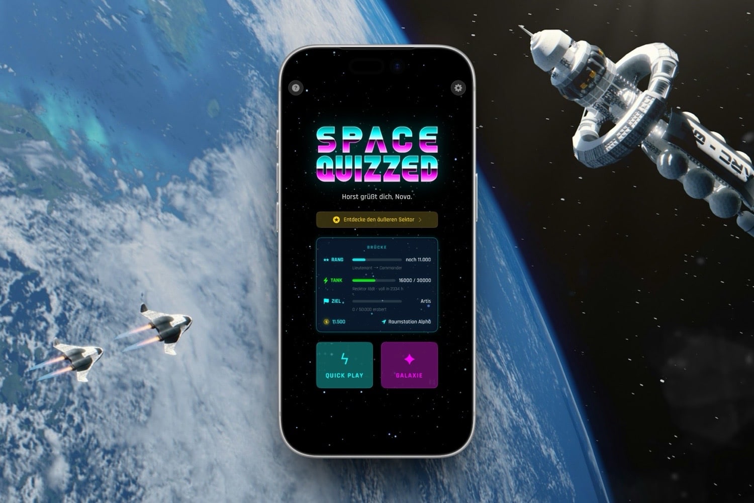 Startseite von Space Quizzed auf einem iPhone vor einem Weltraum-Hintergrund