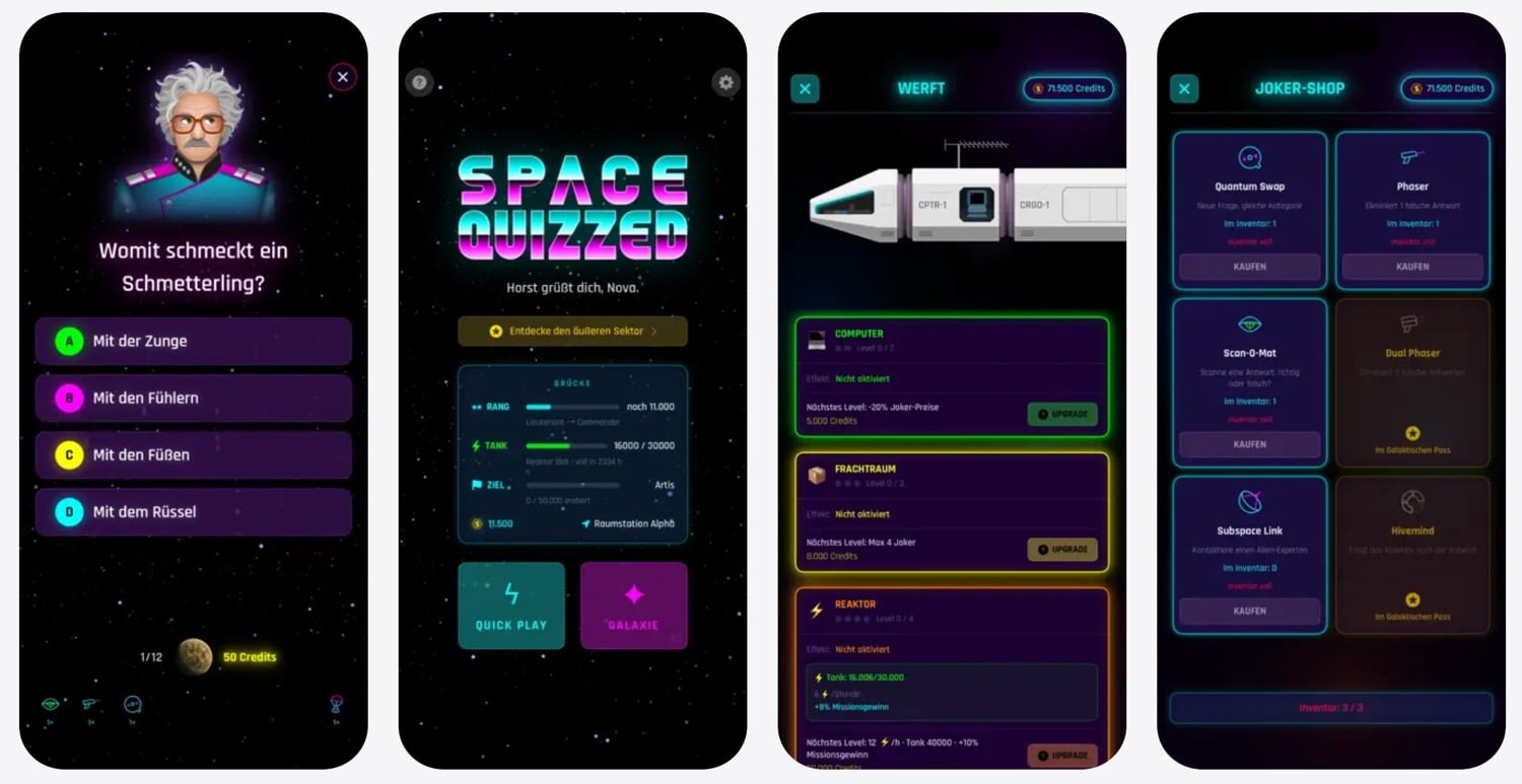 Vier iPhone-Screenshots von Space Quizzed
