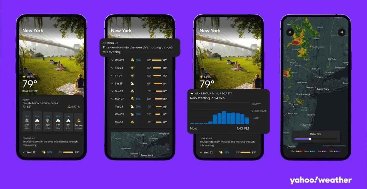Vier iPhone-Screenshots von Yahoo Wetter