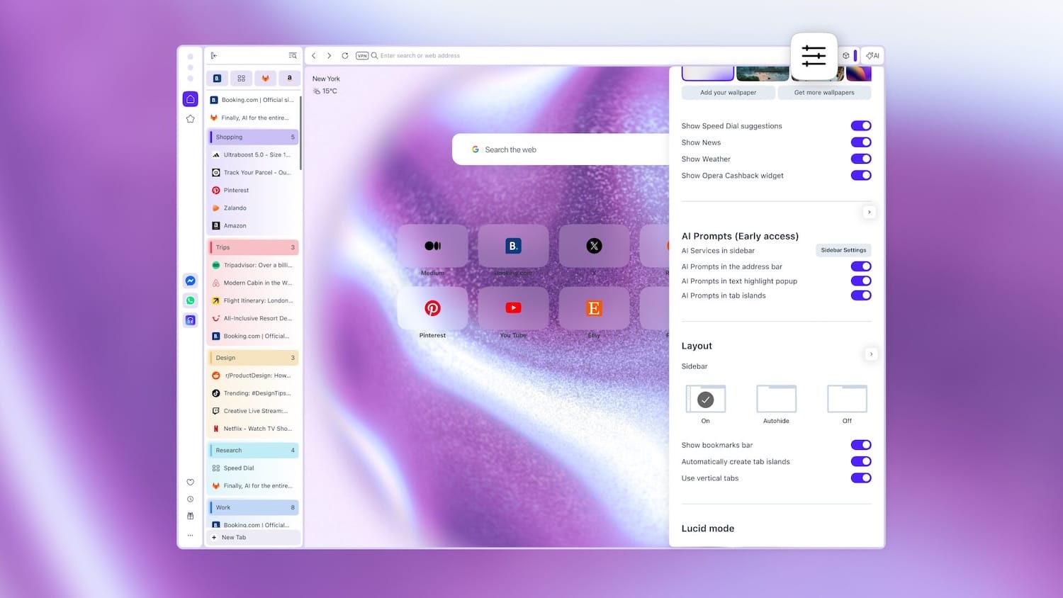 Opera One Einstellungen