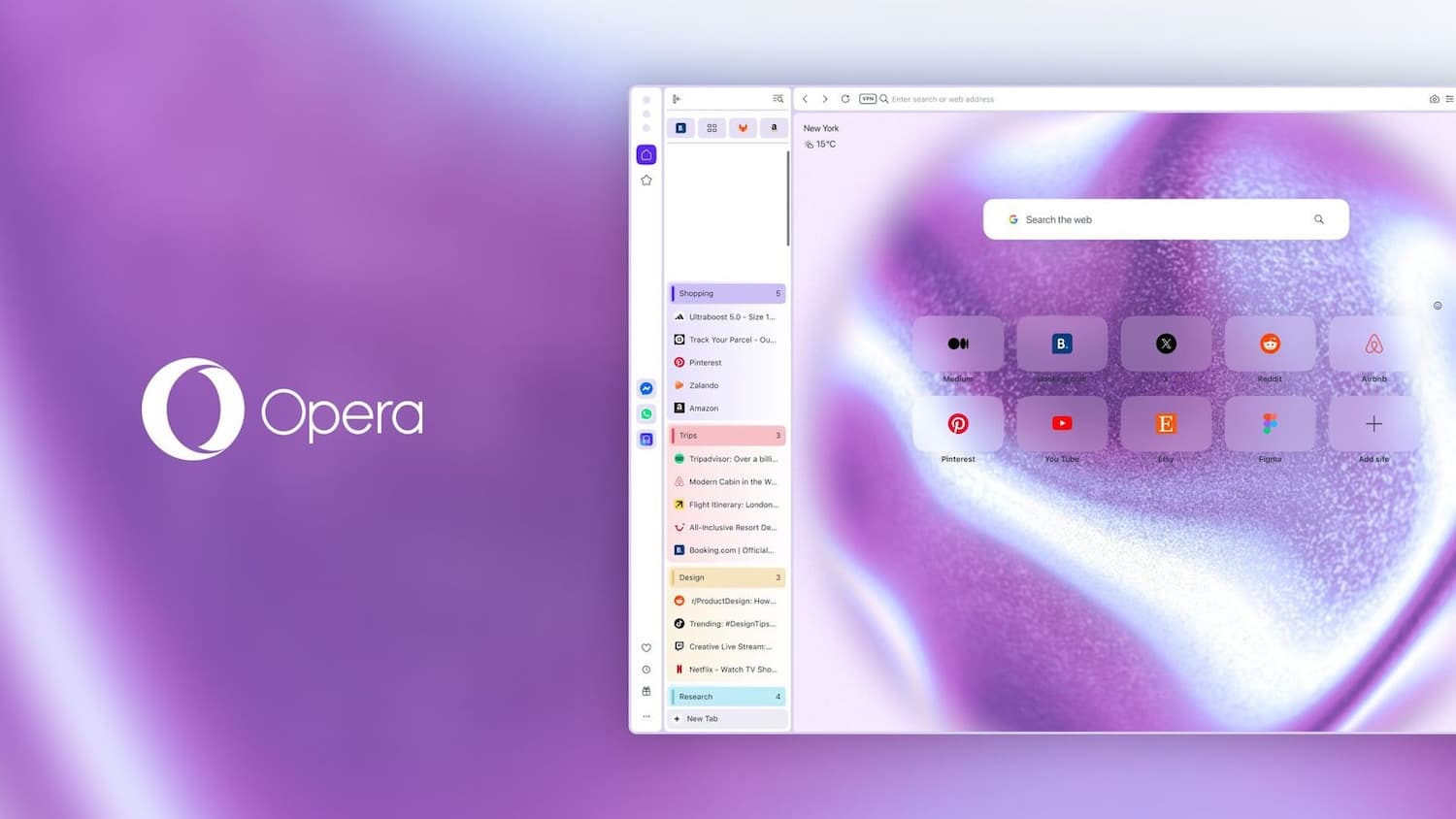 Der Webbrowser Opera One auf einem lila Hintergrund
