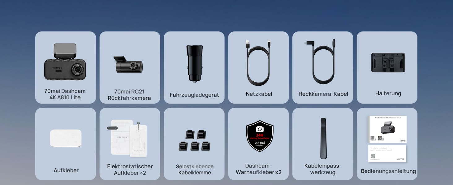 Lieferumfang der 70mai 4K Dash Cam A810 Lite.